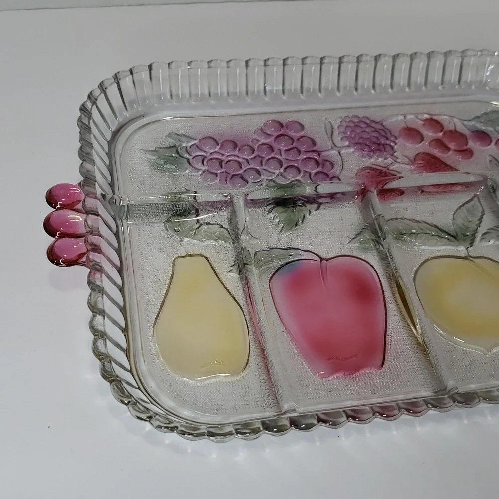 Vintage Clear Glass Divided‎ Relish Tray with Fruit Design and Pink Handles